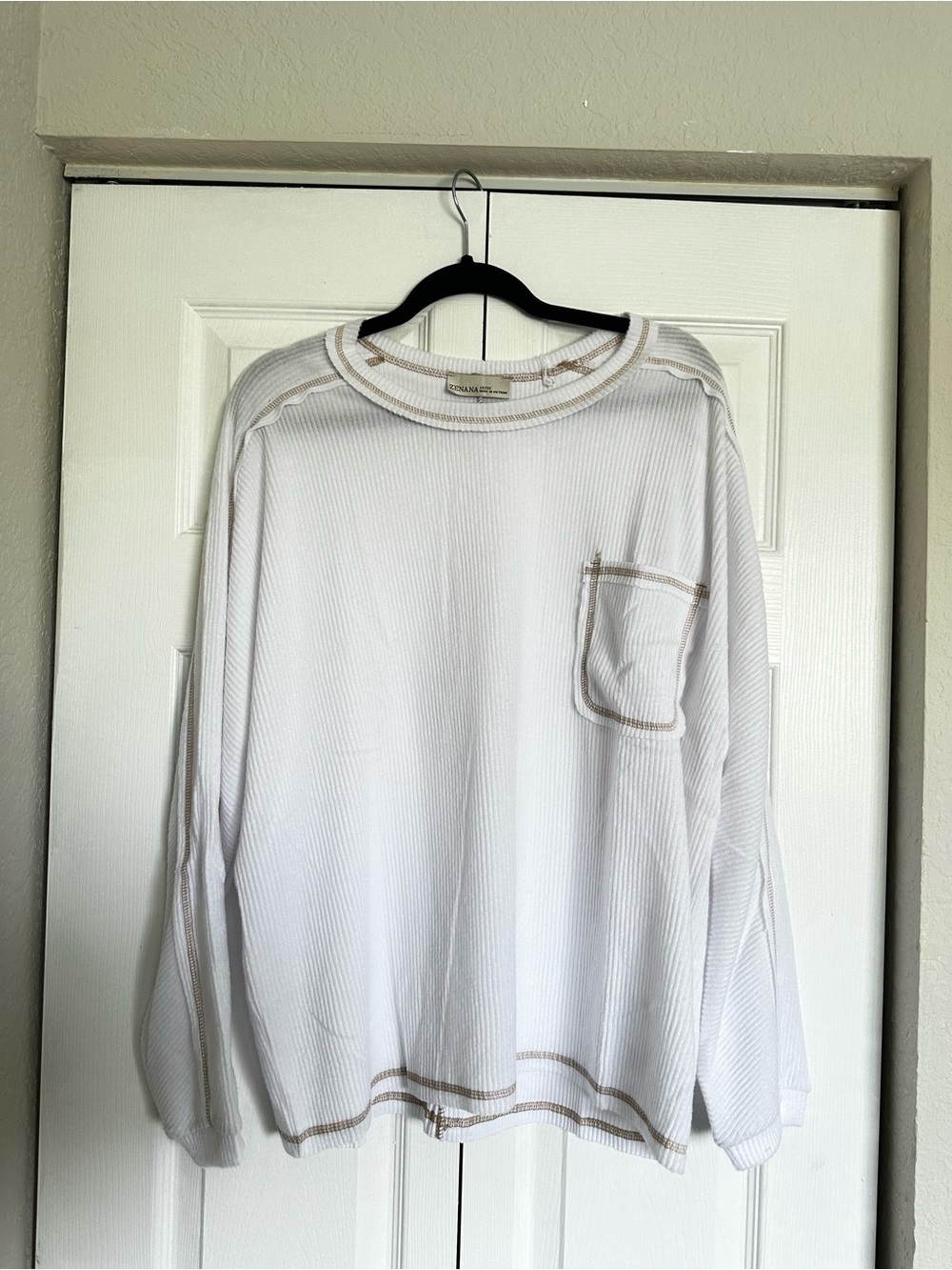 Zenana Plus White Long Sleeve Thermal Top with Contrast Stitching